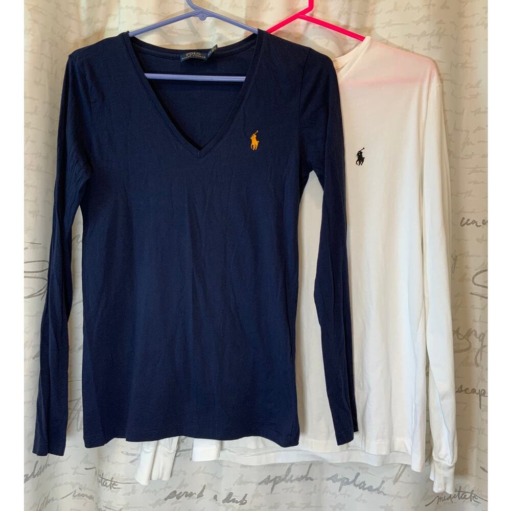 Ralph Lauren Women Polo Bundle Navy V-Neck & White Crew Neck Size Small